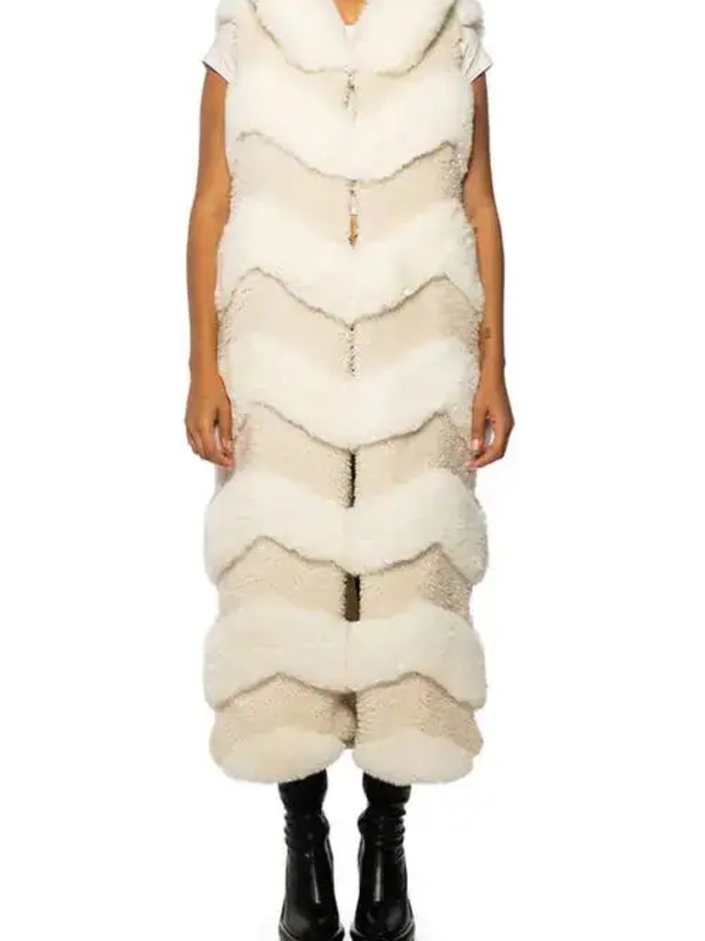 Azalea Wang Jemi Mix Material Faux Fur Long Vest White Ivory Chevron Size Small
